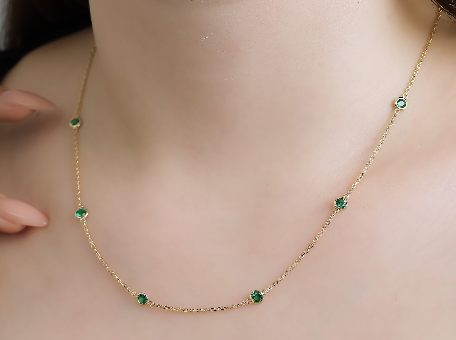 14K Gold Emerald Station Necklace, Diamond by the Yard Necklace
