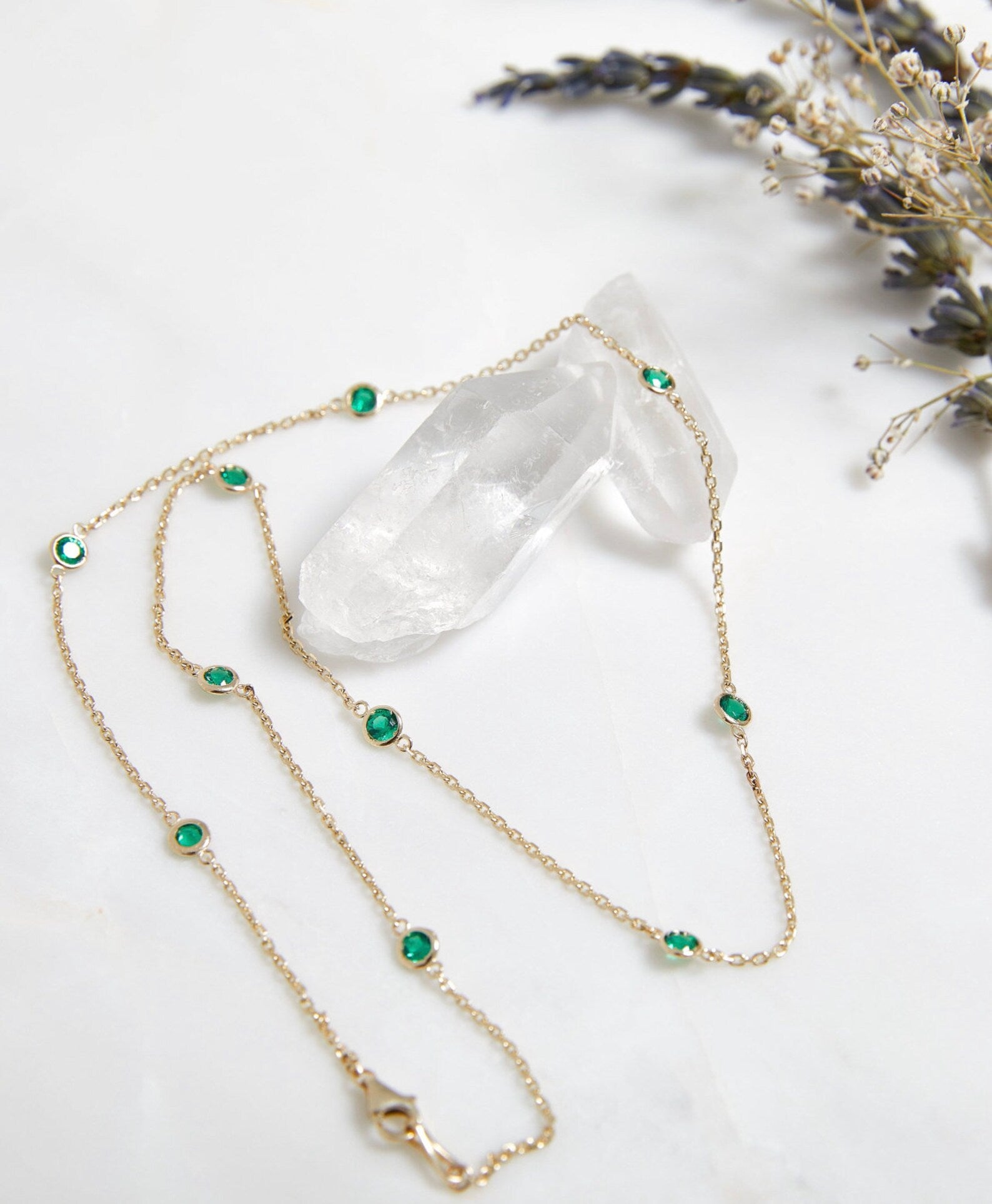 14K Gold Emerald Station Necklace, Diamond by the Yard Necklace