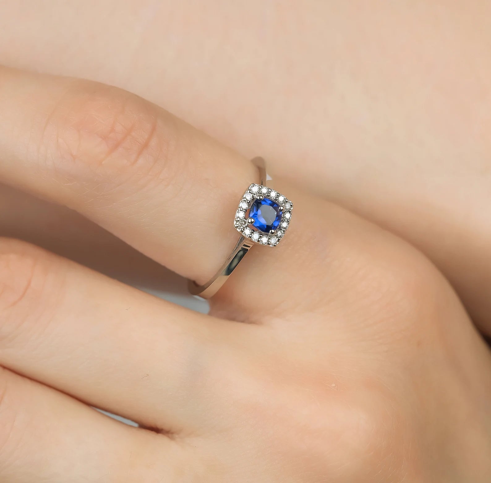 14K White Gold Cushion Cut Sapphire and Diamond Ring