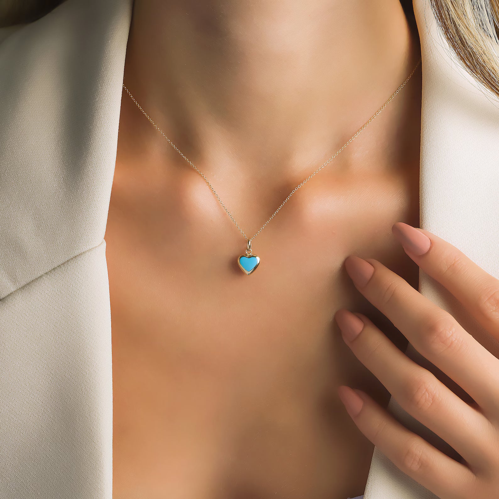 14K Yellow Gold Minimalist Turquoise Puffed Heart Necklace