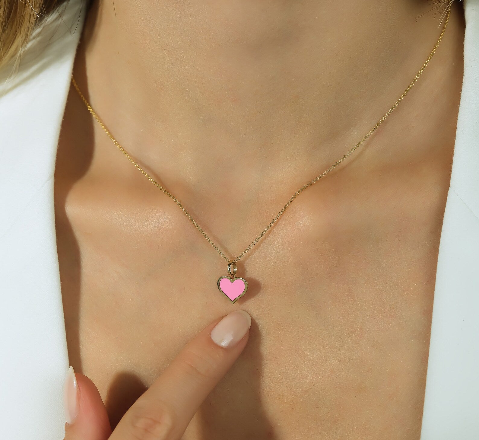 14K Yellow Gold Pink Heart Necklace - Dainty Elegance