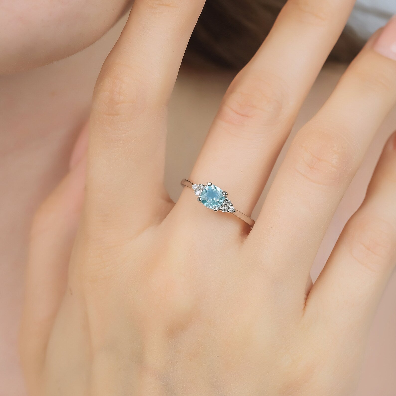 14K White Gold Cushion Cut Aquamarine and Diamond Ring