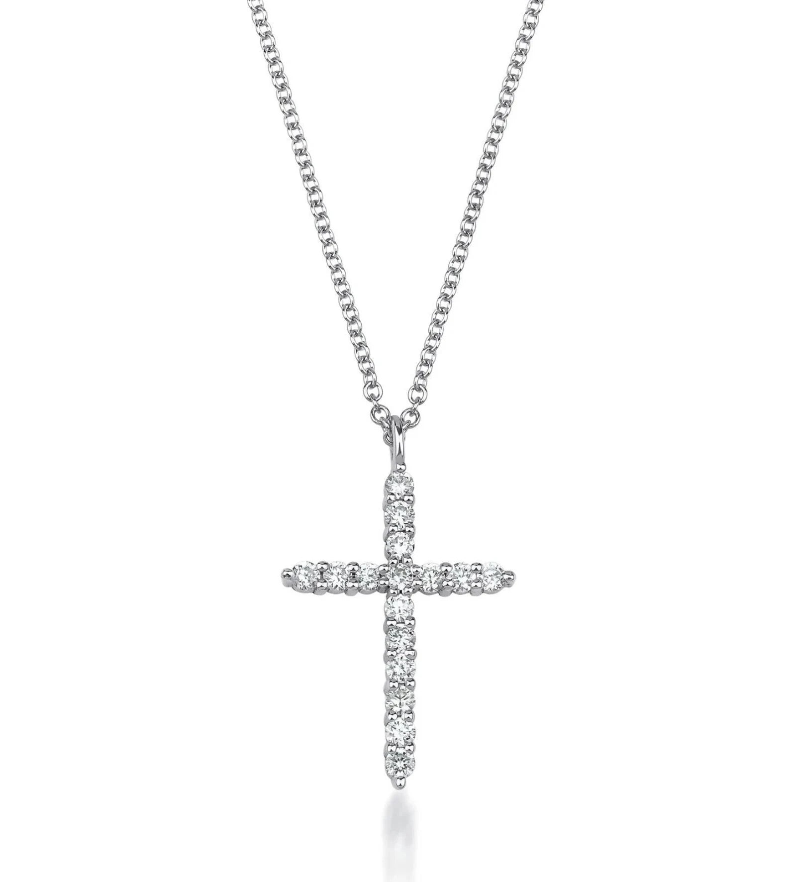 14K Solid White Gold Diamond Cross Necklace
