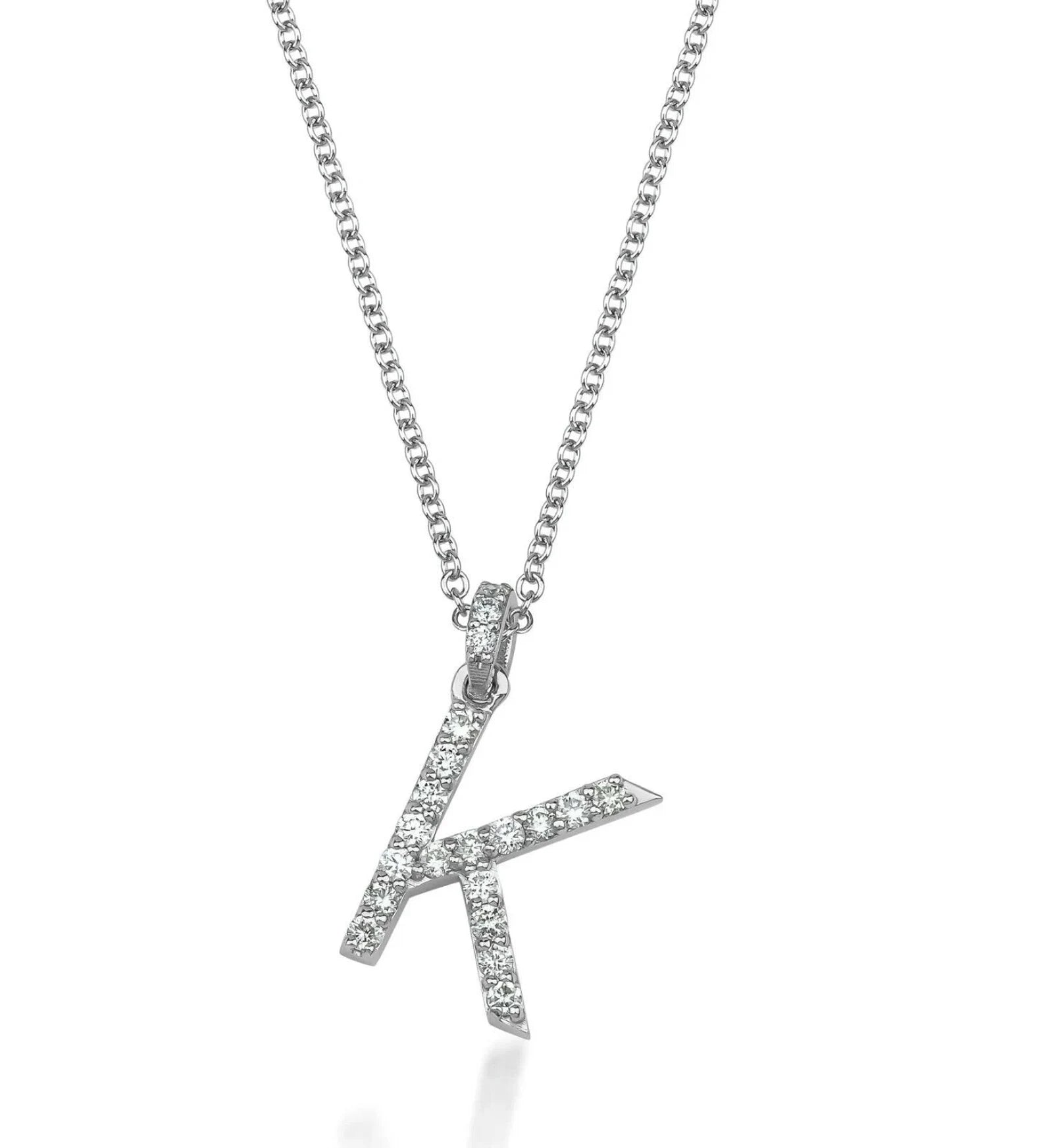 14K White Gold Natural Diamond Initial Necklace, Letter K Necklace