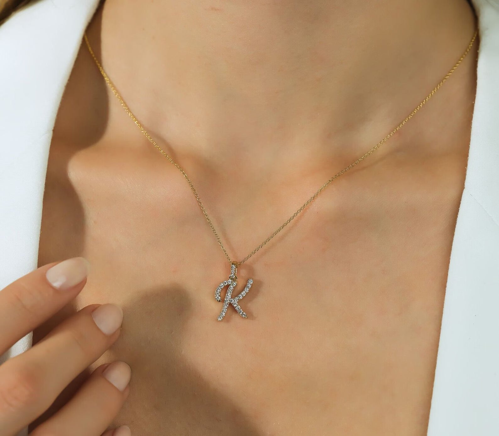 14K Yellow Gold Diamond Initial Necklace, Script Letter K Necklace