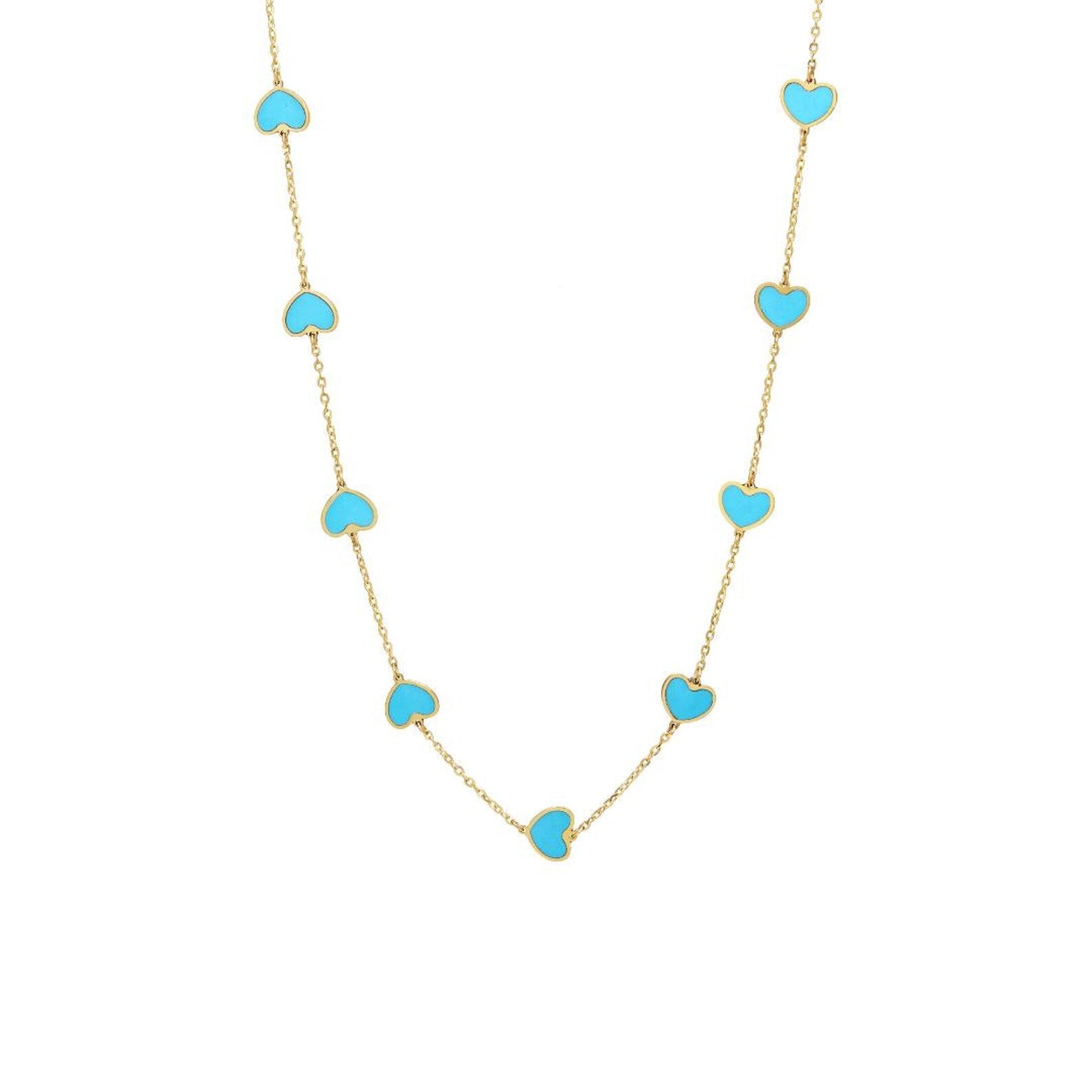 Collier coeur turquoise en or jaune massif 14 carats