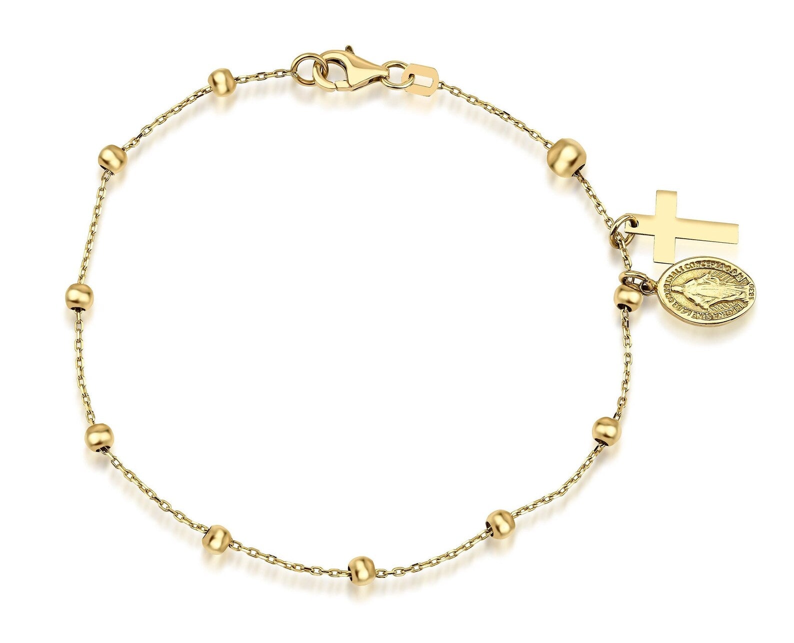 Bracelet chapelet en or jaune massif 14 carats avec croix de la Vierge Marie