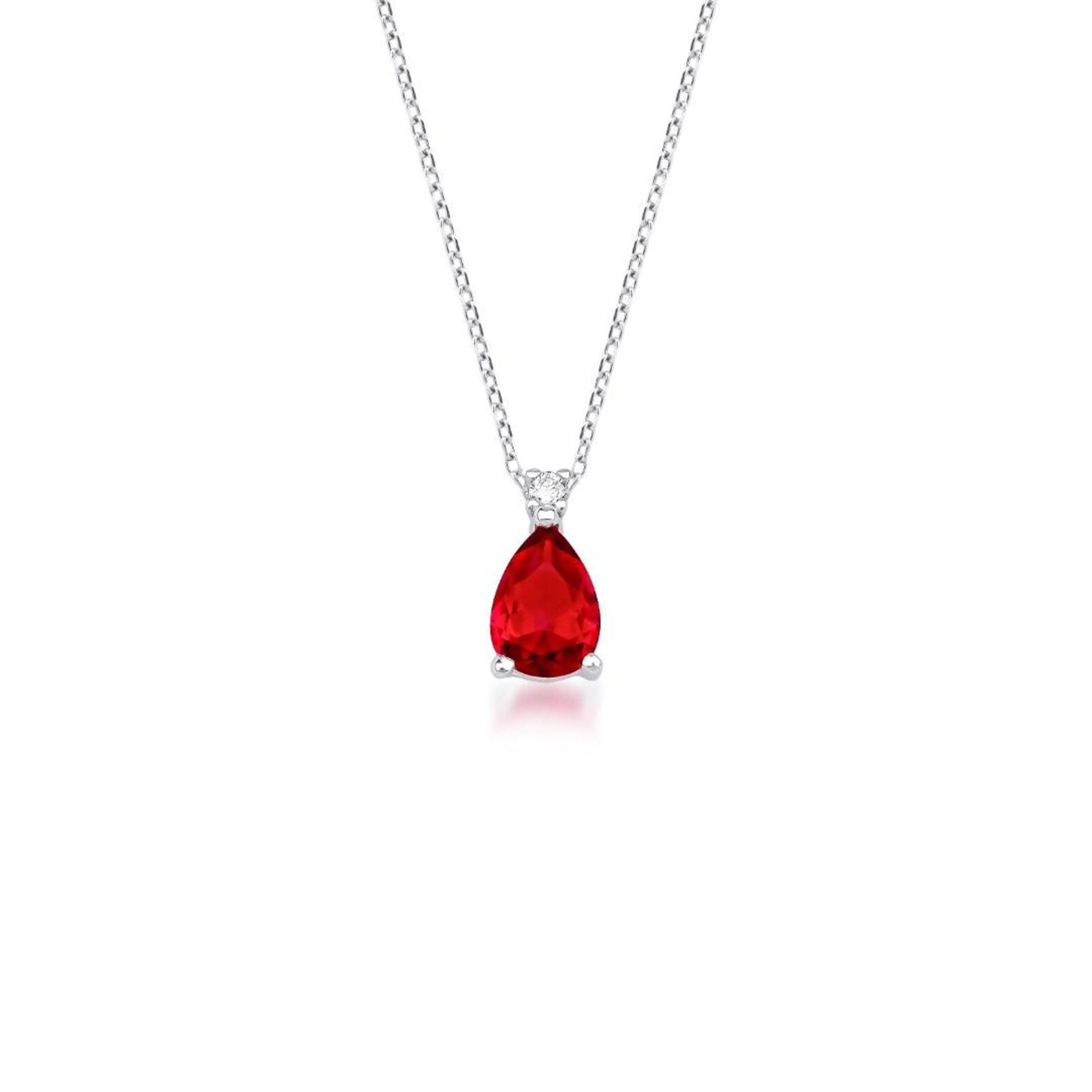 Collier solitaire rubis et diamants en forme de poire en or blanc 14 carats
