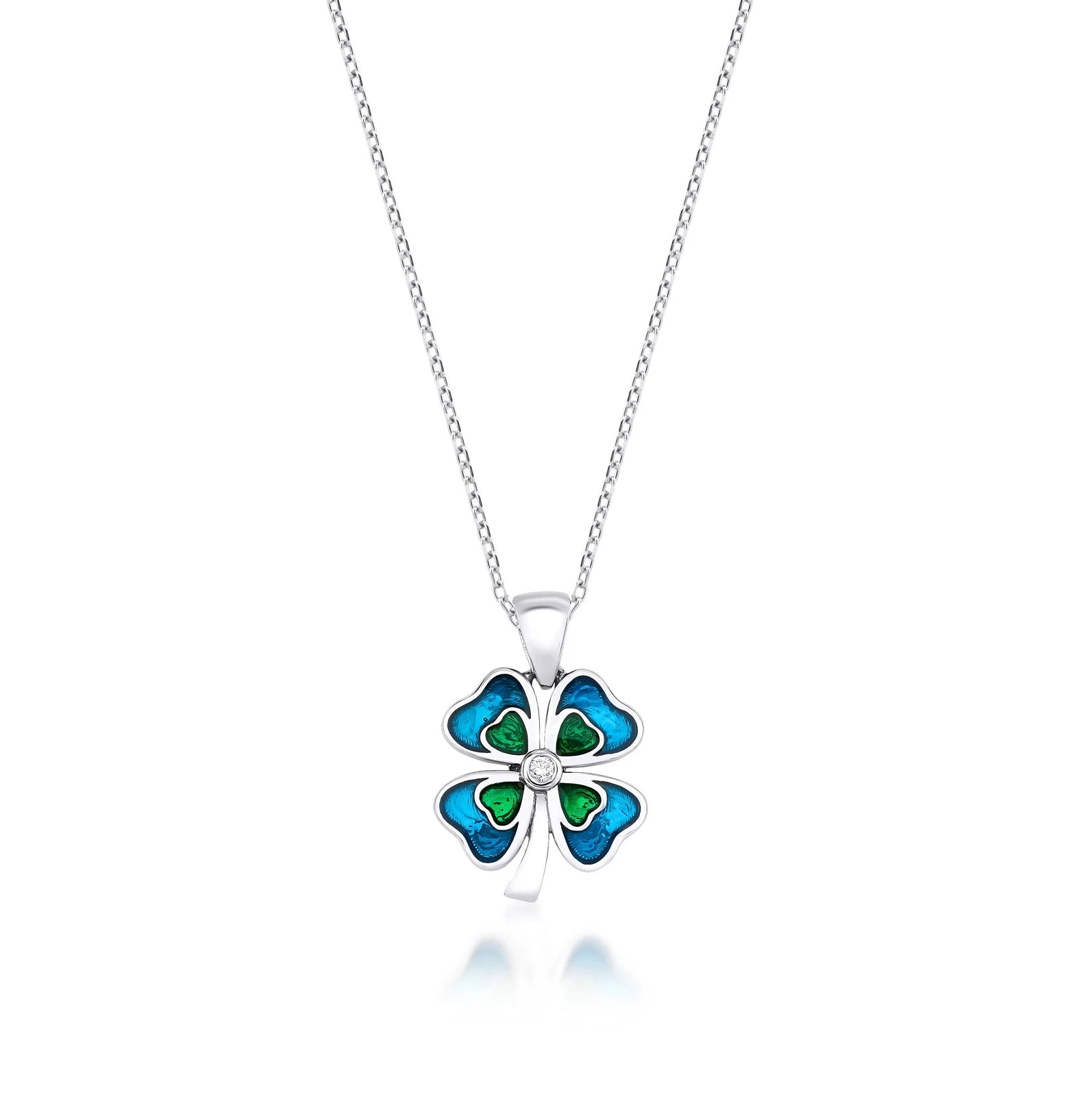 14KSolid White Gold Enamel Four Leaf Clover Necklace