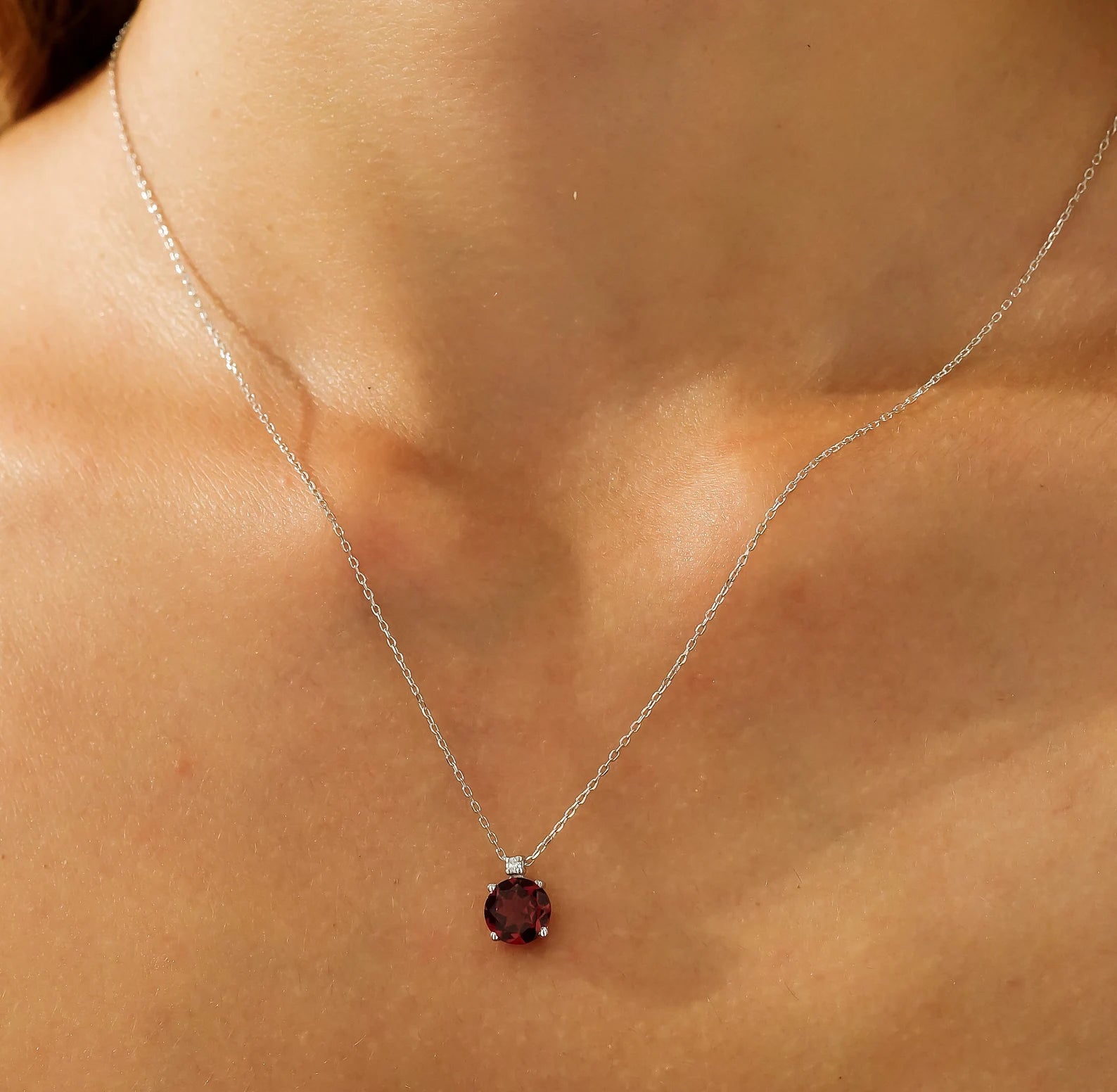 14K White Gold Natural Garnet and Diamond Solitaire Necklace