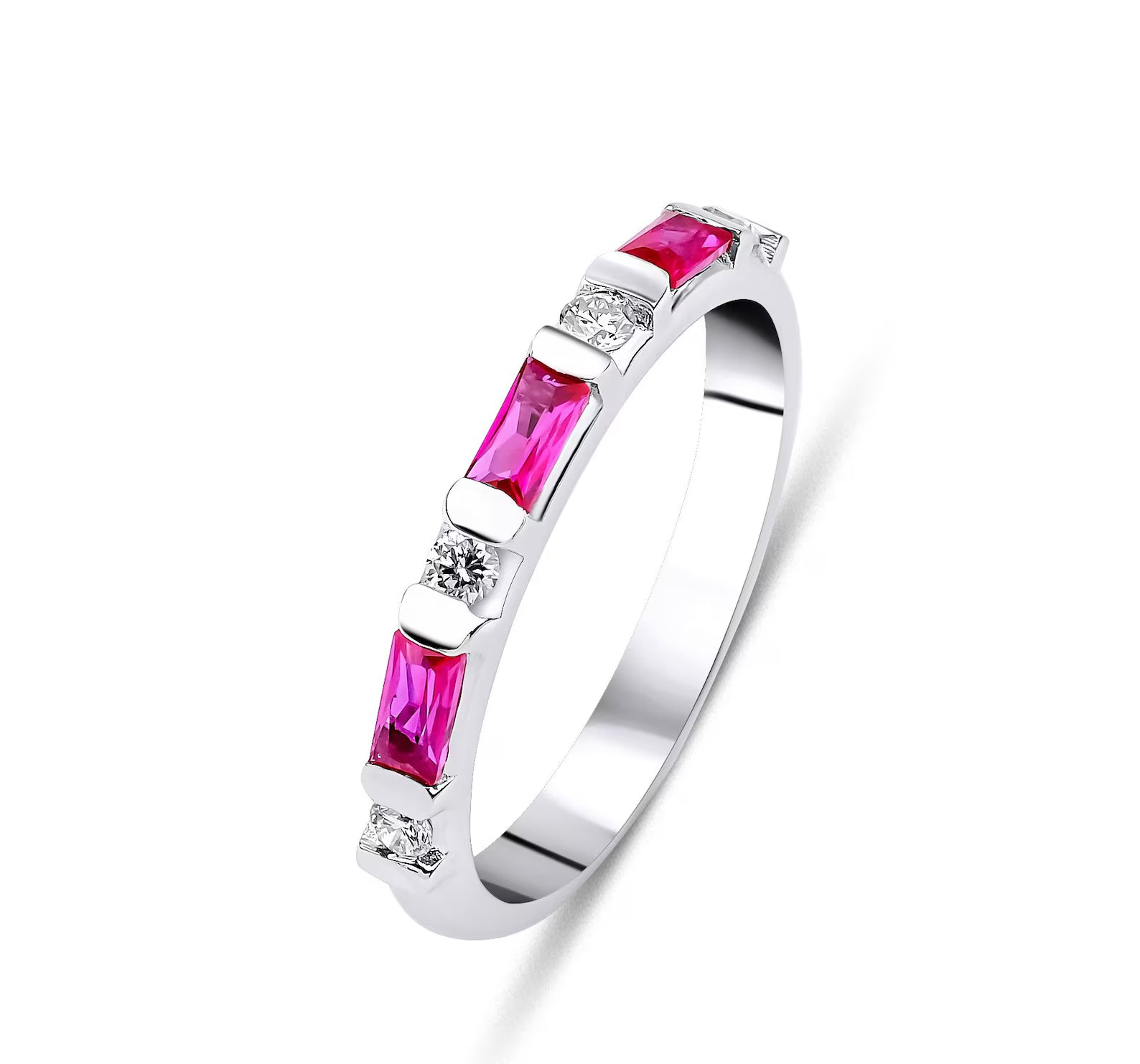 Bague de mariage rubis et diamant en or blanc massif 14 carats