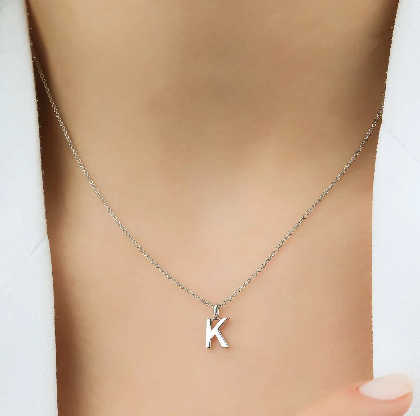 Collier initial en or blanc massif 14K, collier lettre K
