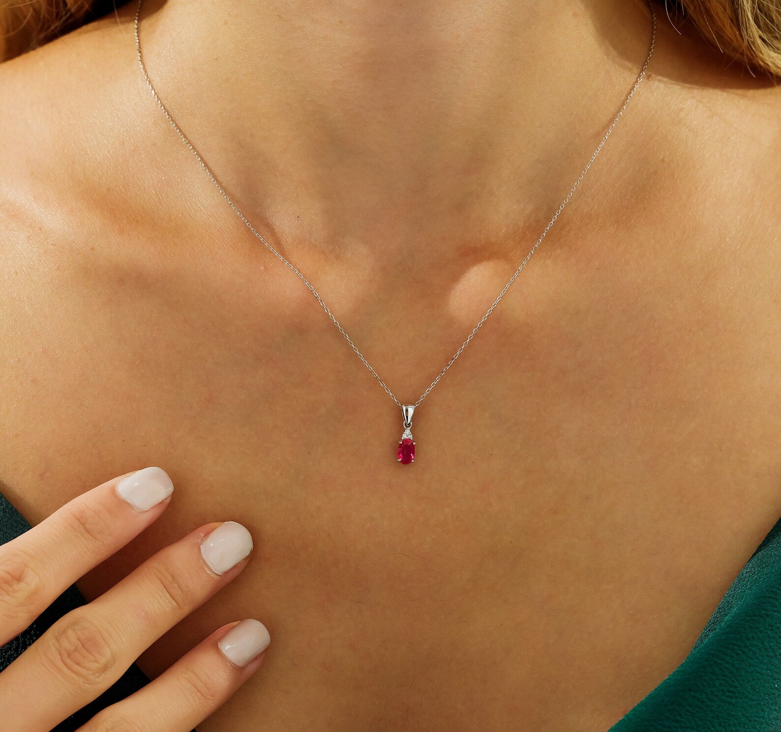 14K White Gold Oval Ruby and Diamond Solitaire Necklace