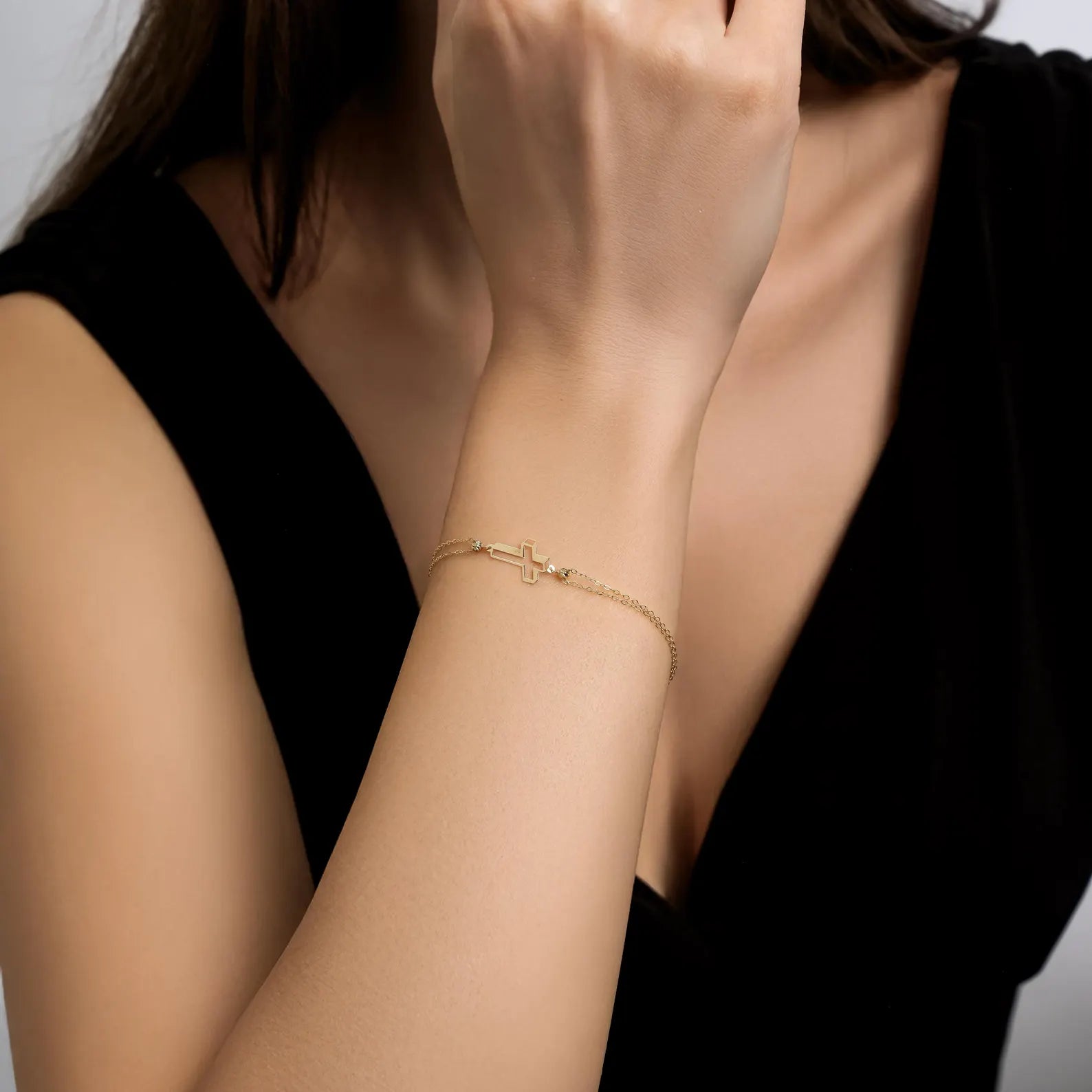 14K Solid Yellow Gold 3D Small Cross Bracelet