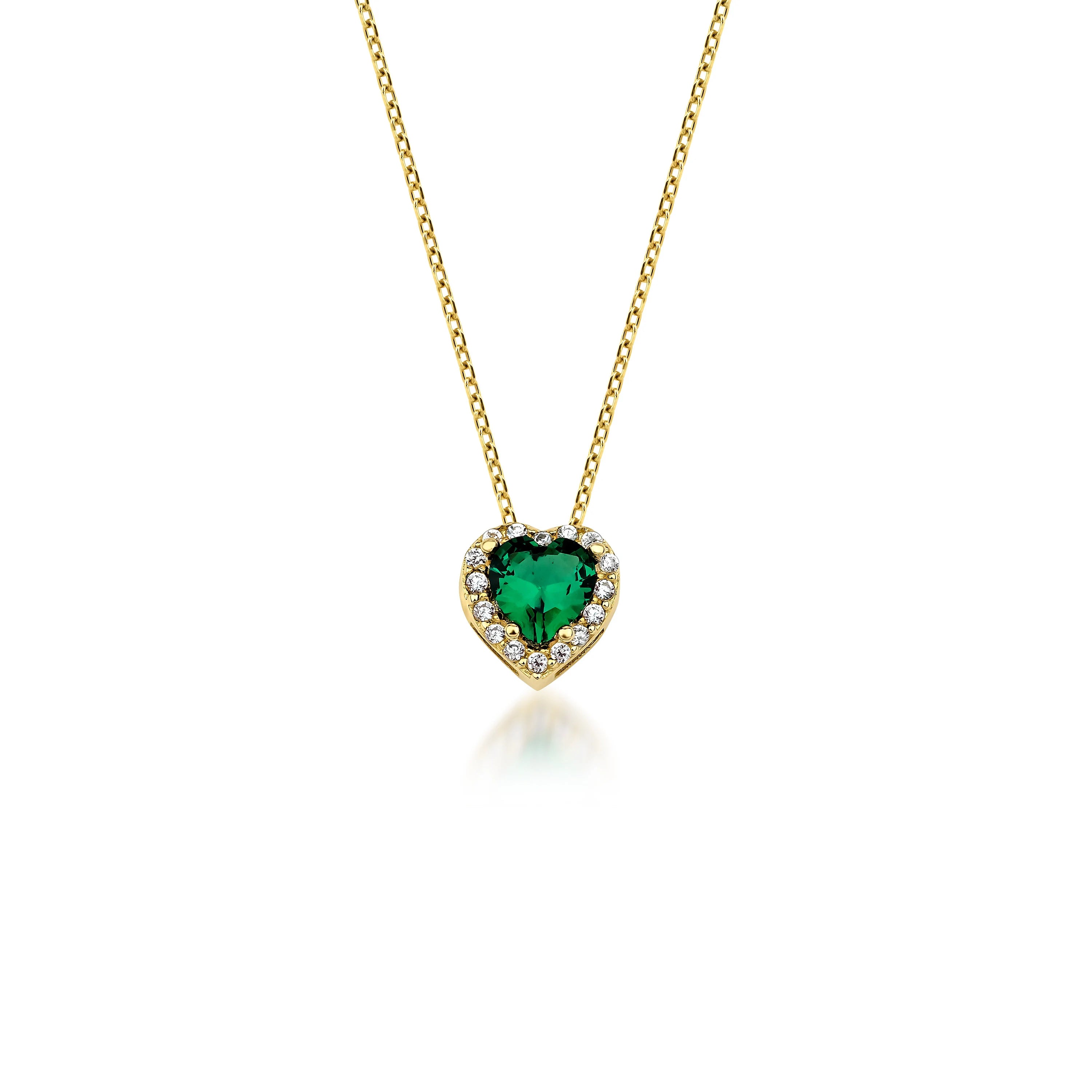 14K Yellow Gold Heart Shape Diamond CZ Emerald Necklace