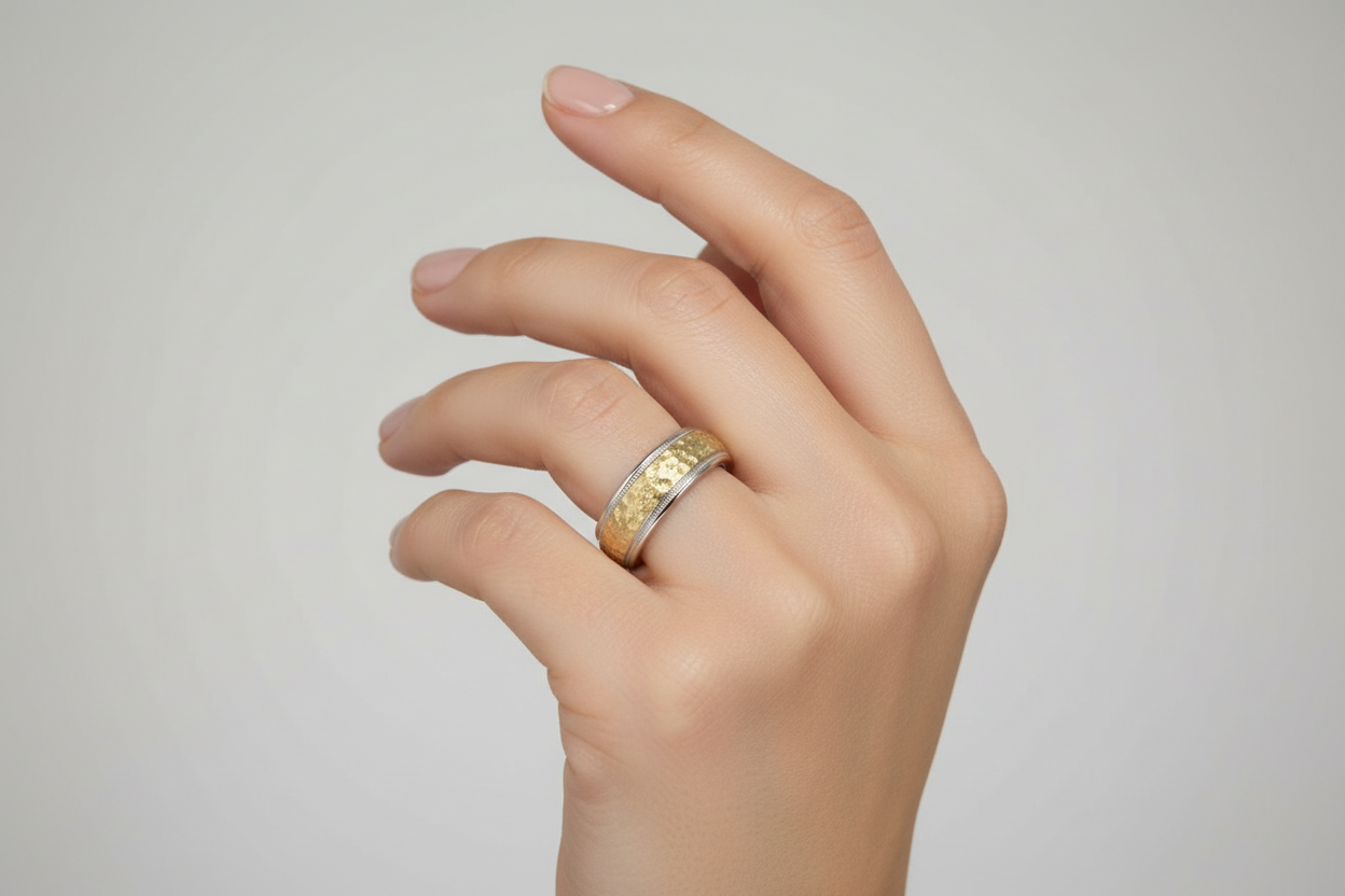 Two Tone Gold Hammered Finish Wedding Rings