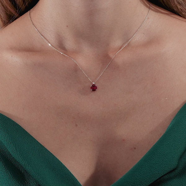 14K White Gold Ruby and Diamond Solitaire Necklace
