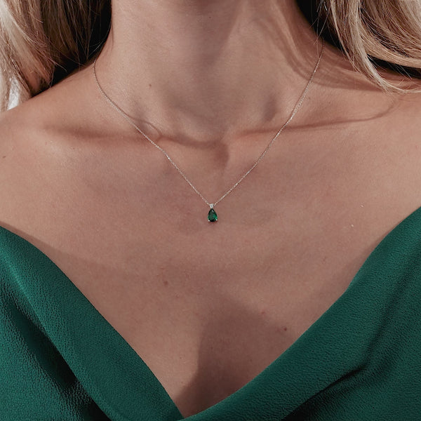 14K White Gold Pear Shape Emerald and Diamond Solitaire Necklace