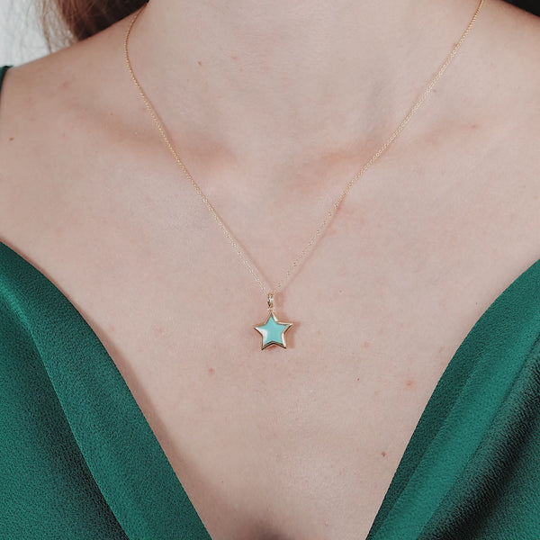 14K Yellow Gold Turquoise Puffed Star Necklace