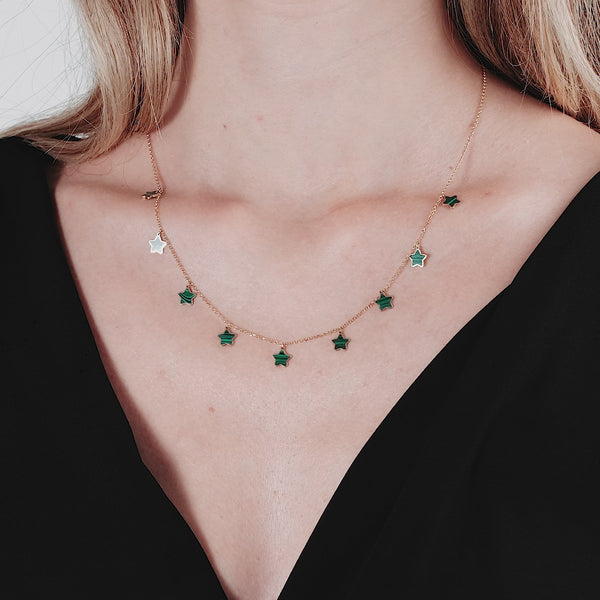 14K Solid Yellow Gold Station Malachite Star Necklace