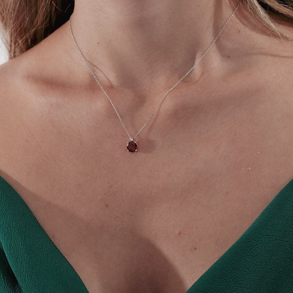 14K White Gold Natural Garnet and Diamond Solitaire Necklace