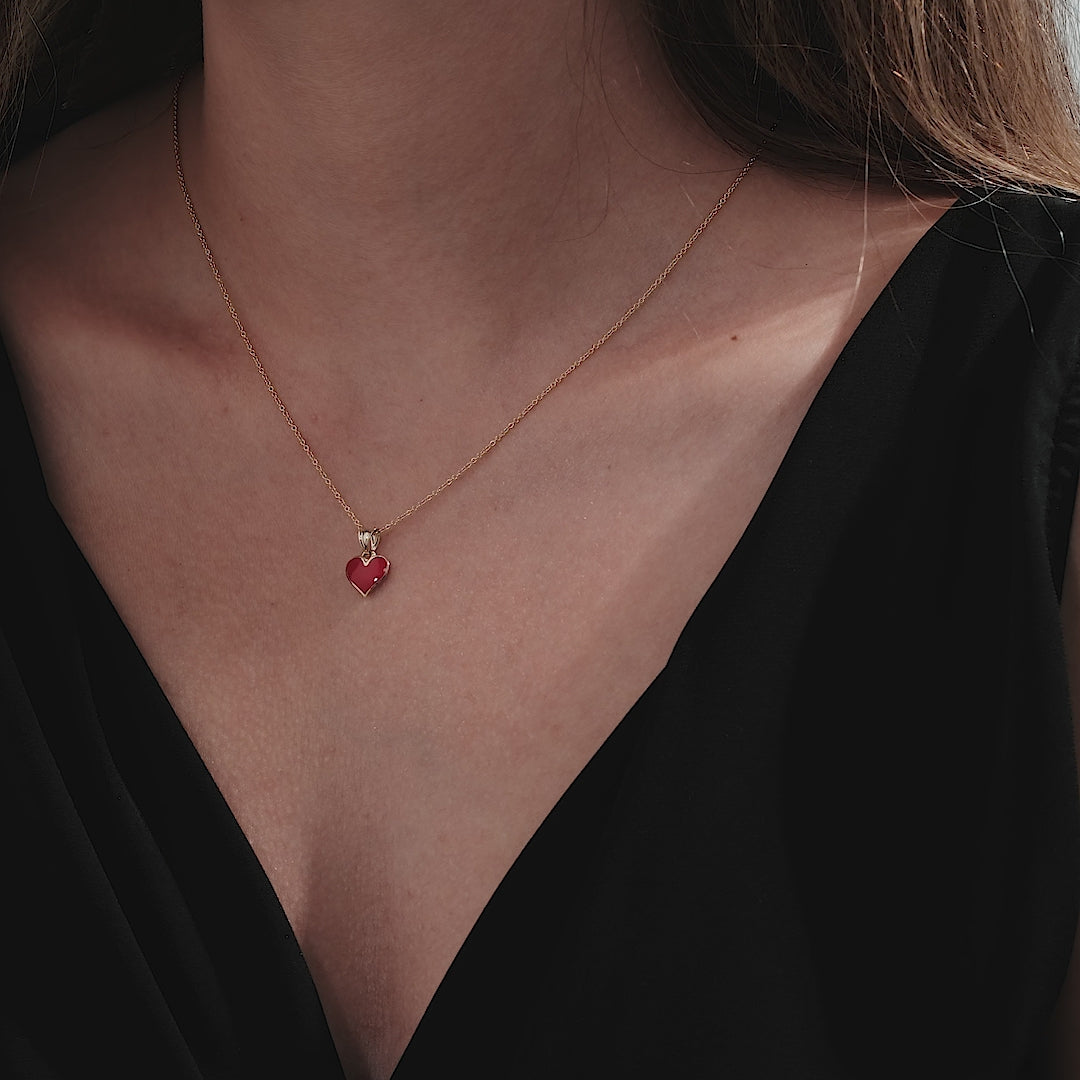 14K yellow gold necklace featuring a red enamel heart pendant, perfect for everyday elegance.