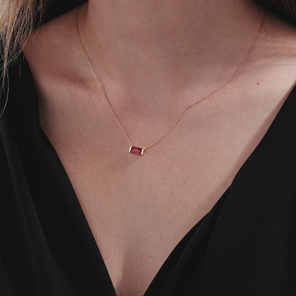 14K Yellow Gold Baguette Solitaire Ruby Necklace