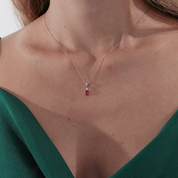 14K White Gold Oval Ruby and Diamond Solitaire Necklace