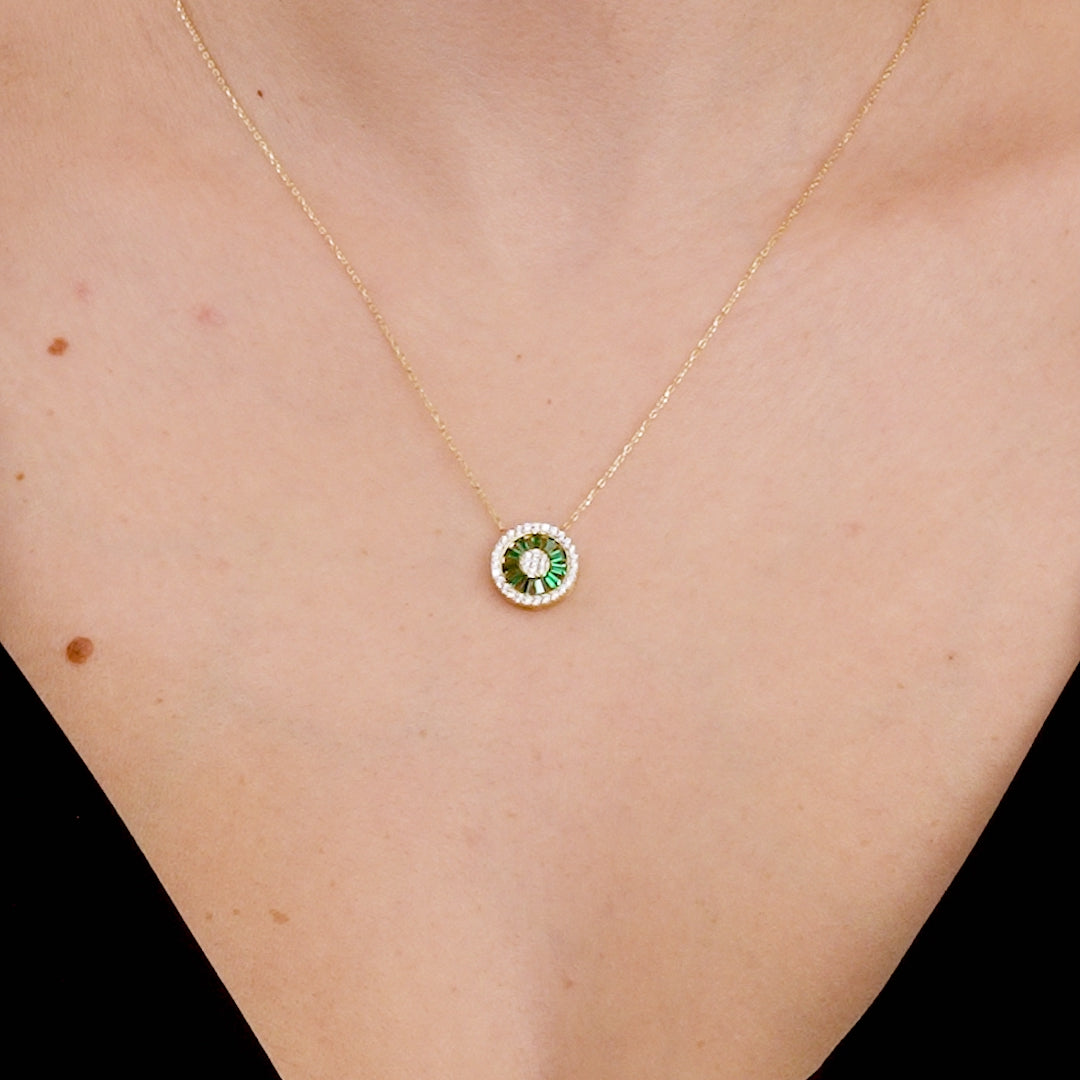 14K solid yellow gold necklace with a circular emerald pendant surrounded by CZ stones, elegant and minimalist design.