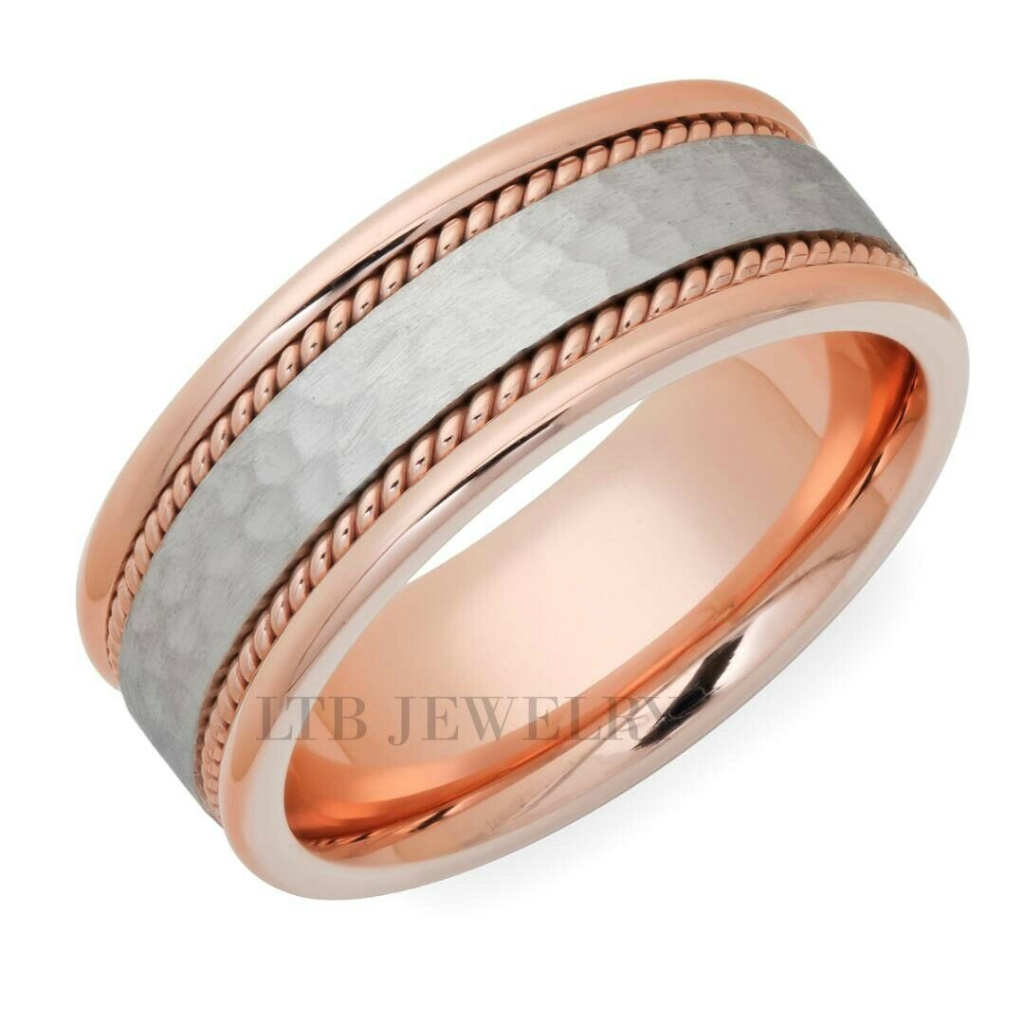 Alliances pour hommes faites à la main en or blanc et rose 14 carats
