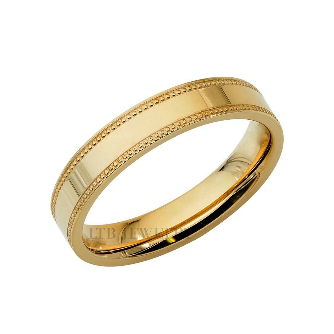 4mm 10K 14K 18K Yellow Gold Milgrain Flat Wedding Bands