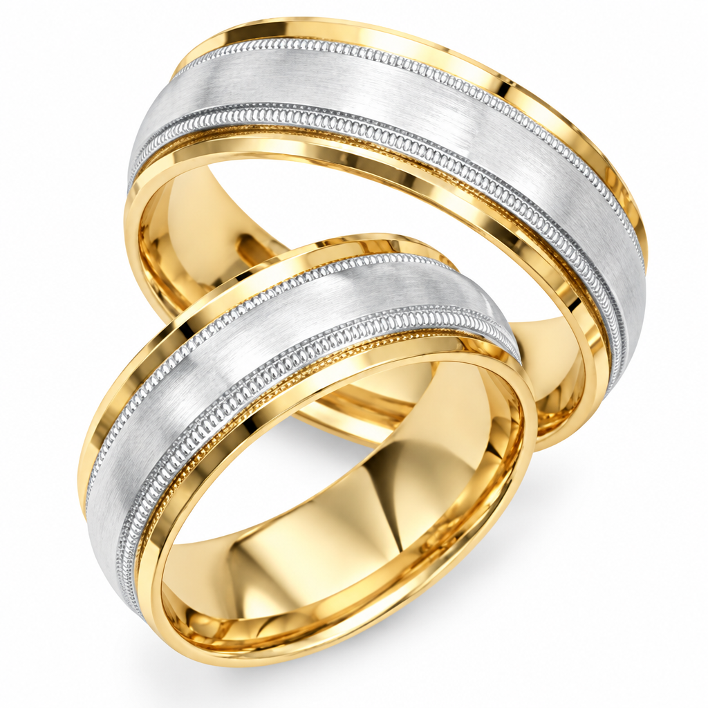 Juego de alianzas de boda para él y para ella en oro amarillo de 18 quilates y platino