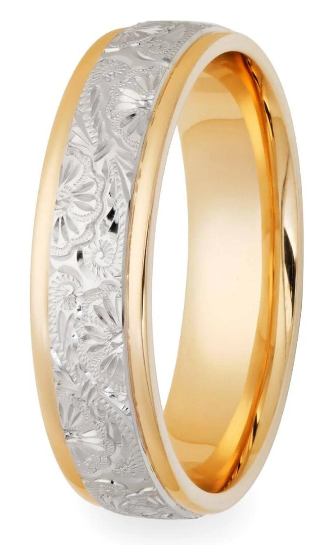 Hand Engraved Two Tone Gold Wedding Bands