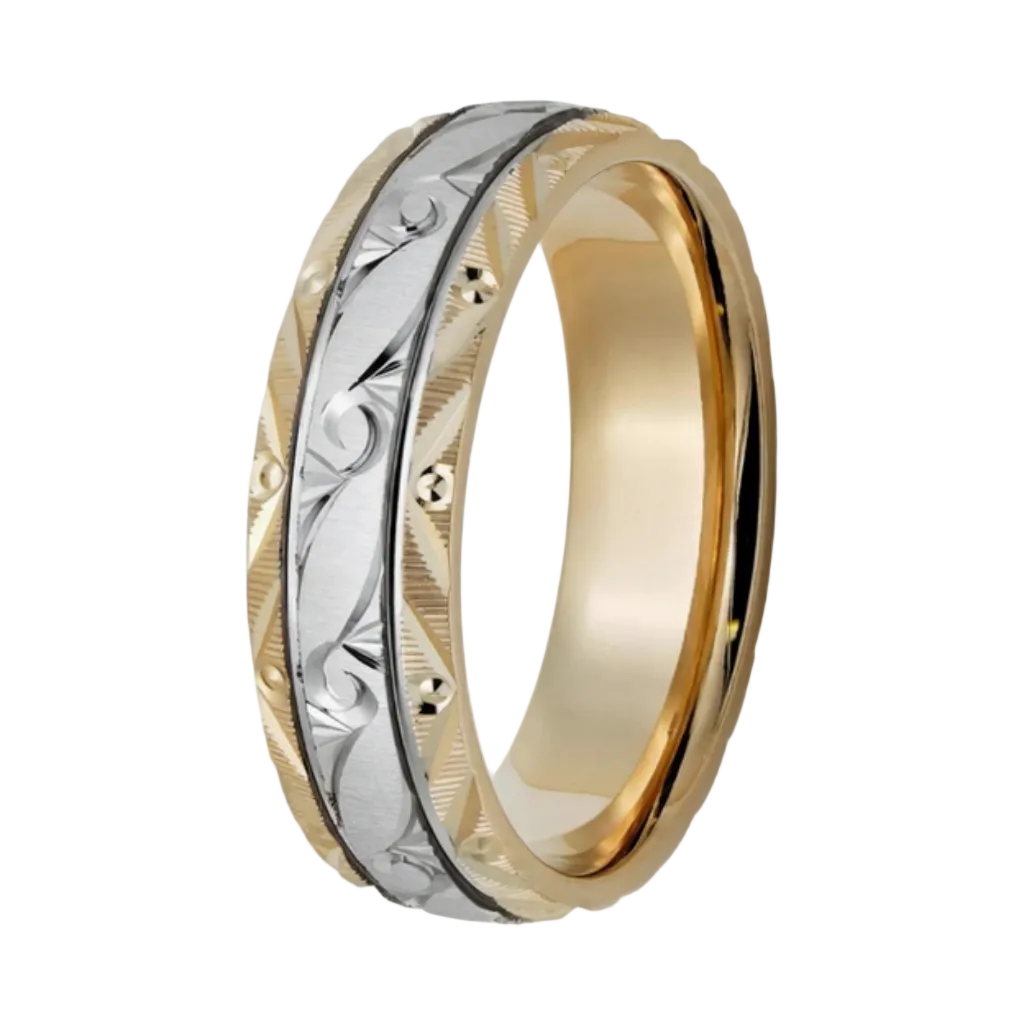 Two Tone Gold Hand Engraved Mens Wedding Bands