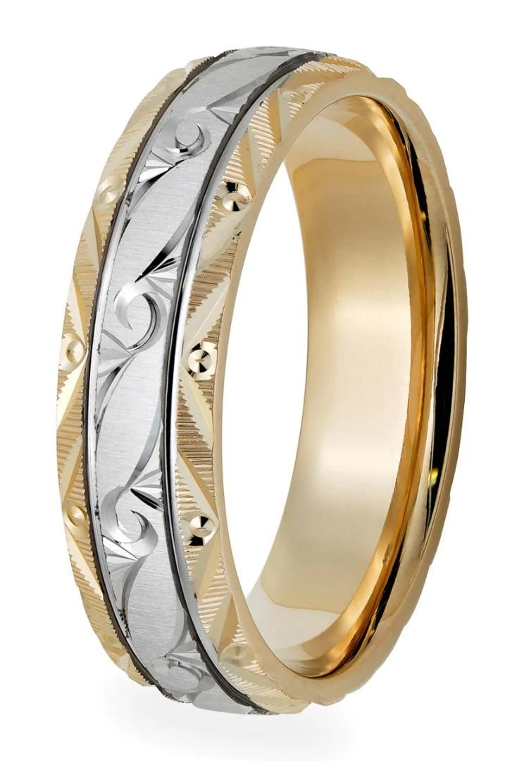 Two Tone Gold Hand Engraved Mens Wedding Bands
