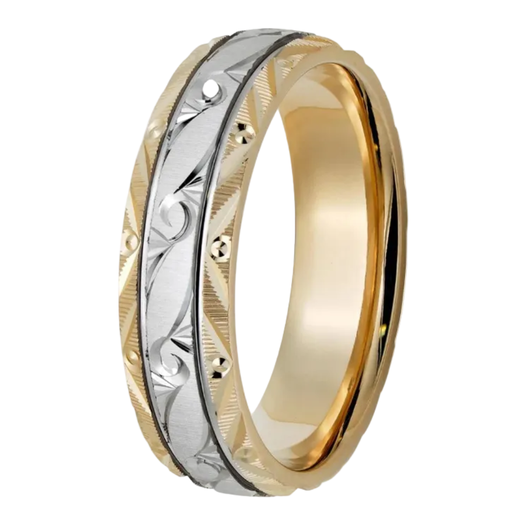 Alianzas de boda en platino y oro amarillo de 18 quilates grabadas a mano