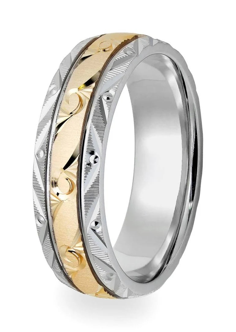 Two Tone Gold Hand Engraved Mens Wedding Rings