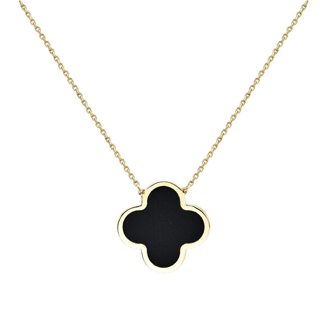 14K Yellow Gold Large Single Onyx Clover Necklace