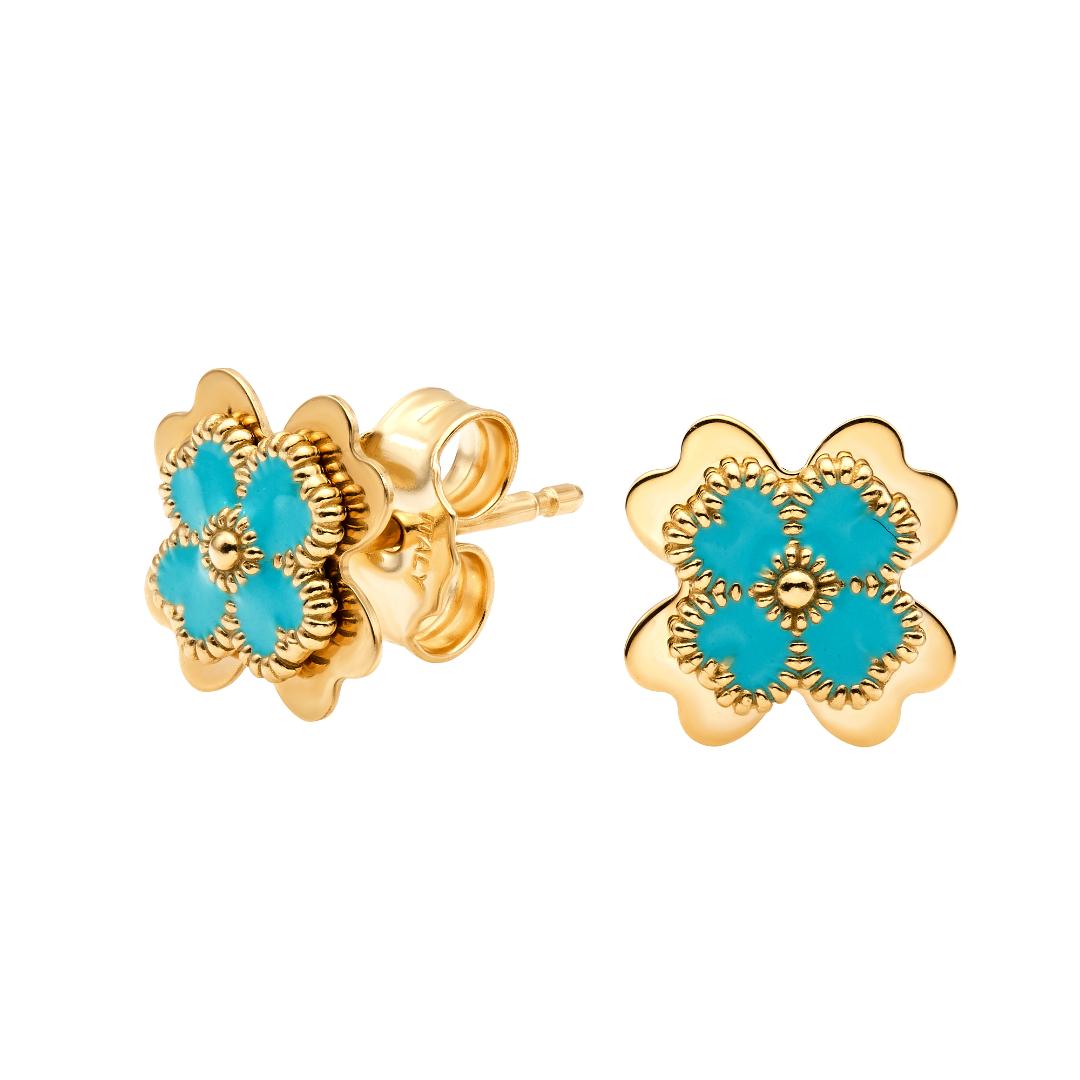 14K Yellow Gold Turquoise Four Leaf Daisy Flower Stud Earrings