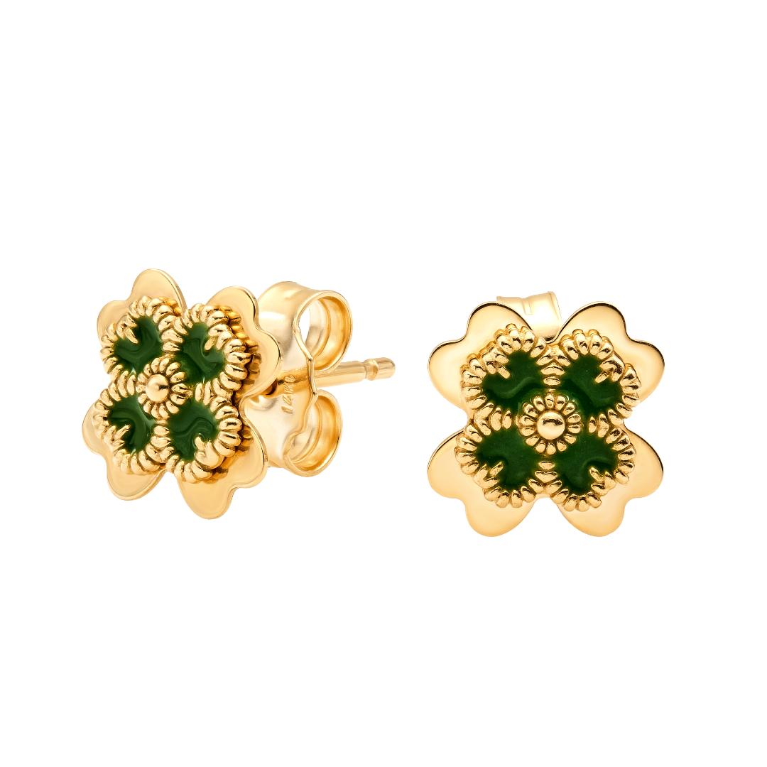 14K Yellow Gold Malachite Four Leaf Daisy Flower Stud Earrings