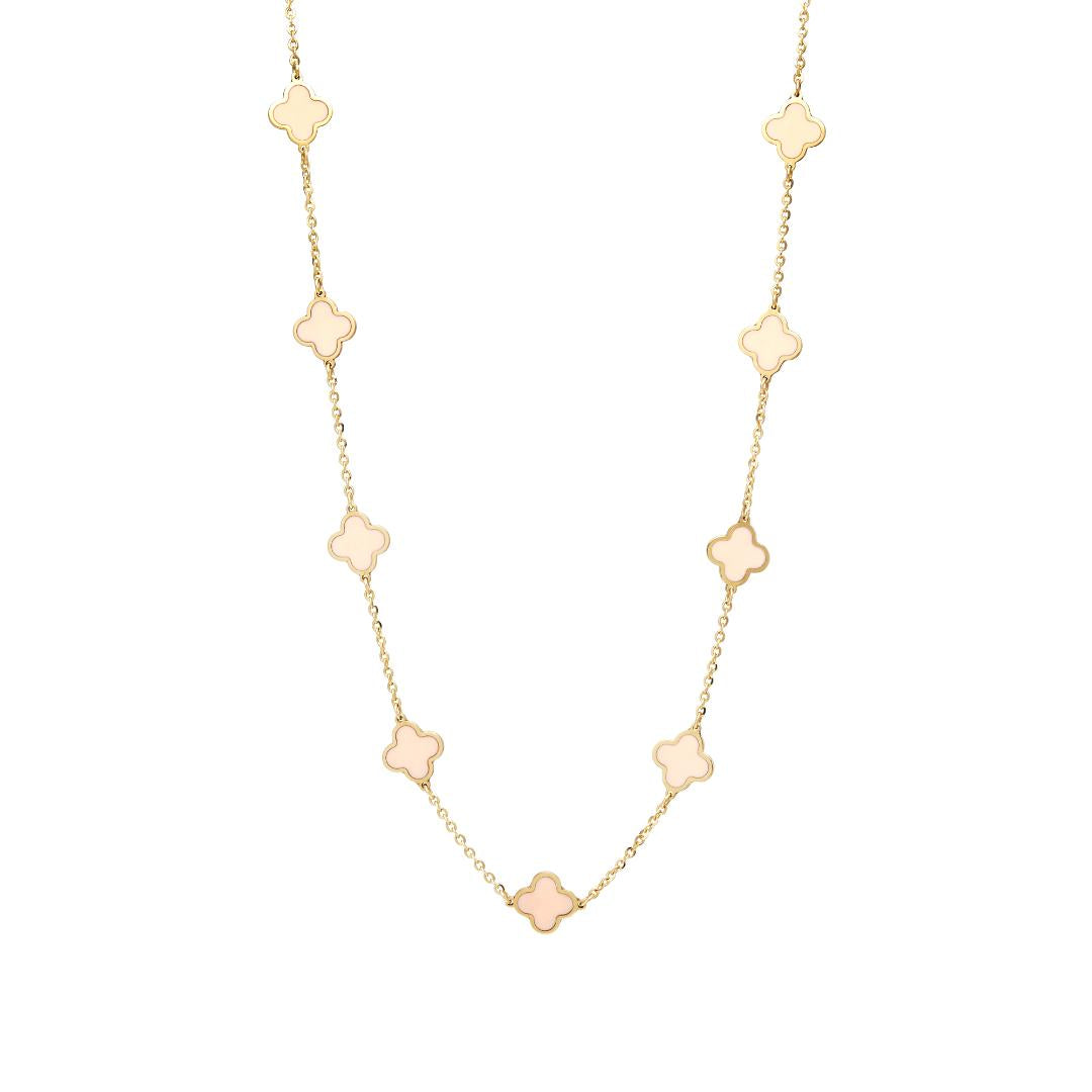 Collier de station de trèfle à quatre feuilles rose en or jaune massif 14 carats