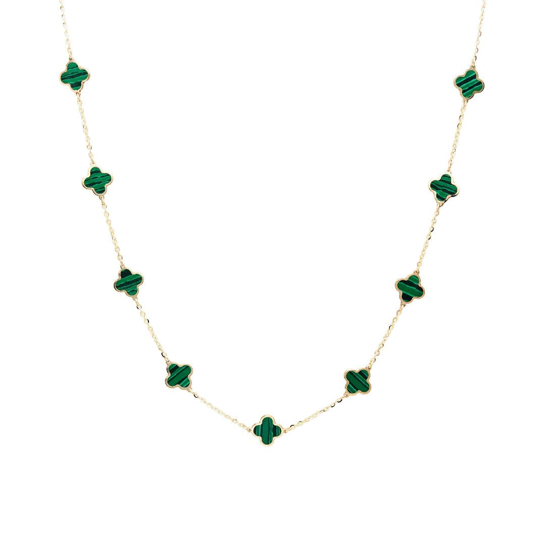 14K Solid Yellow Gold Station Malachite Four Leaf Clover Necklace