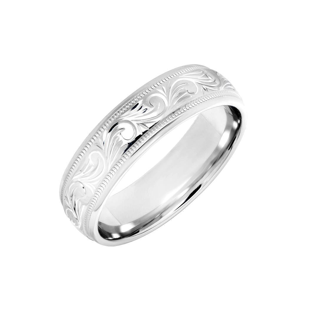 Alianzas de boda para hombre grabadas a mano en oro blanco de 6 mm, 10 quilates, 14 quilates y 18 quilates