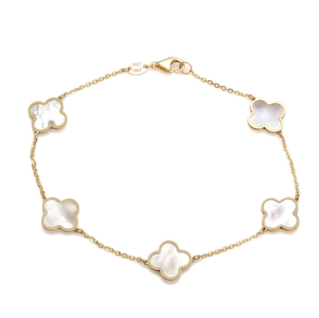 14K Yellow Gold Mother of Pearl Four Leaf Clover Bracelet