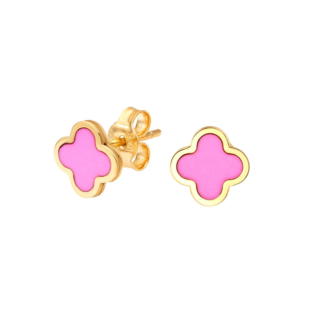 14K Yellow Gold Pink Four Leaf Clover Stud Earrings