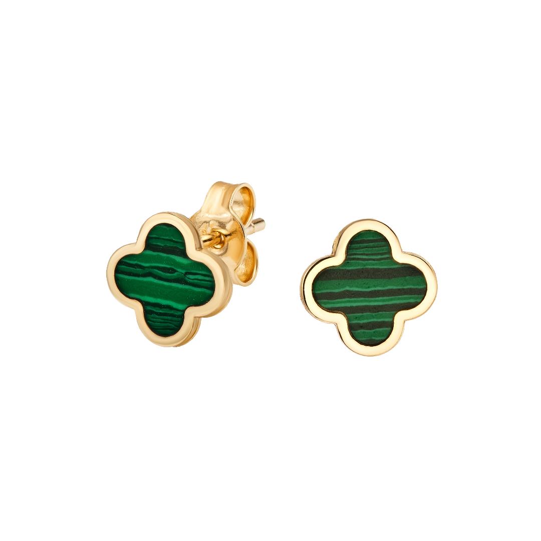 14K Yellow Gold Malachite Four Leaf Clover Stud Earrings