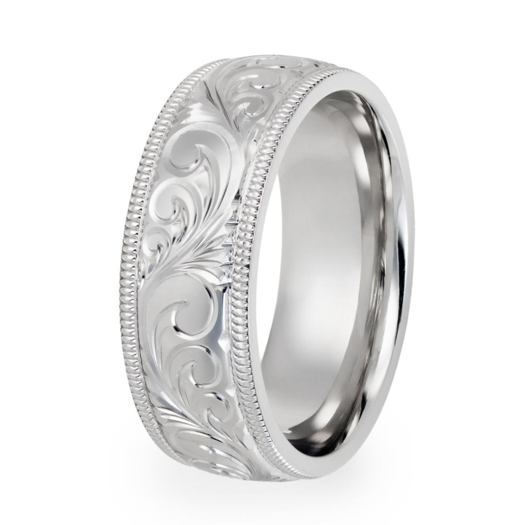 Hand Engraved Platinum Mens Wedding Bands