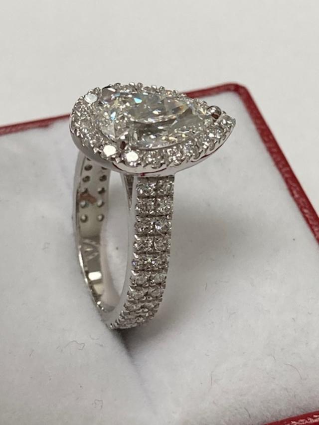 14K white gold pear shape lab diamond engagement ring with side diamonds, IGI certified, shiny finish, size 4-9.