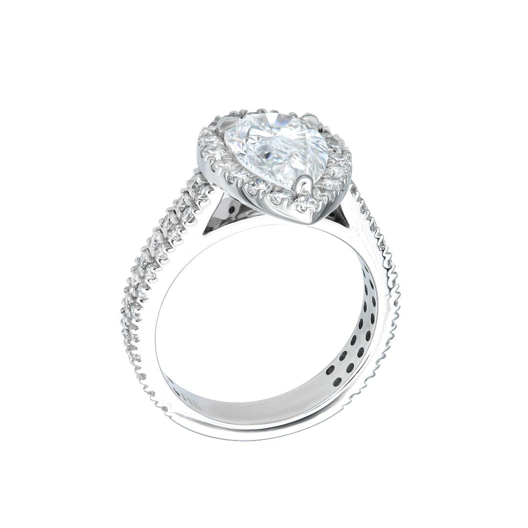 14K white gold pear shape lab diamond engagement ring with side stones and shiny finish, IGI certified.