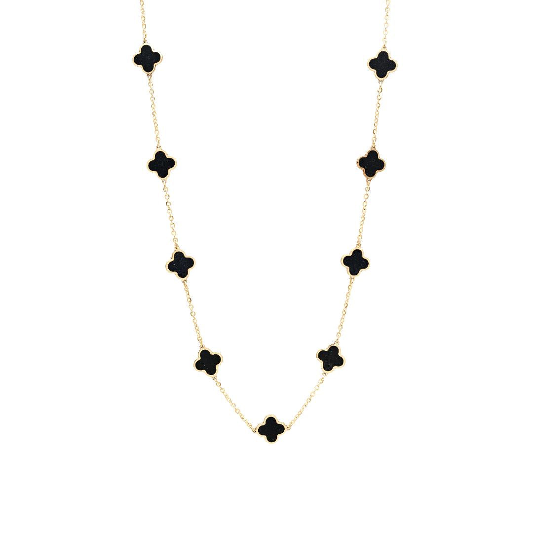 Collier trèfle à quatre feuilles en onyx en or jaune massif 14 carats